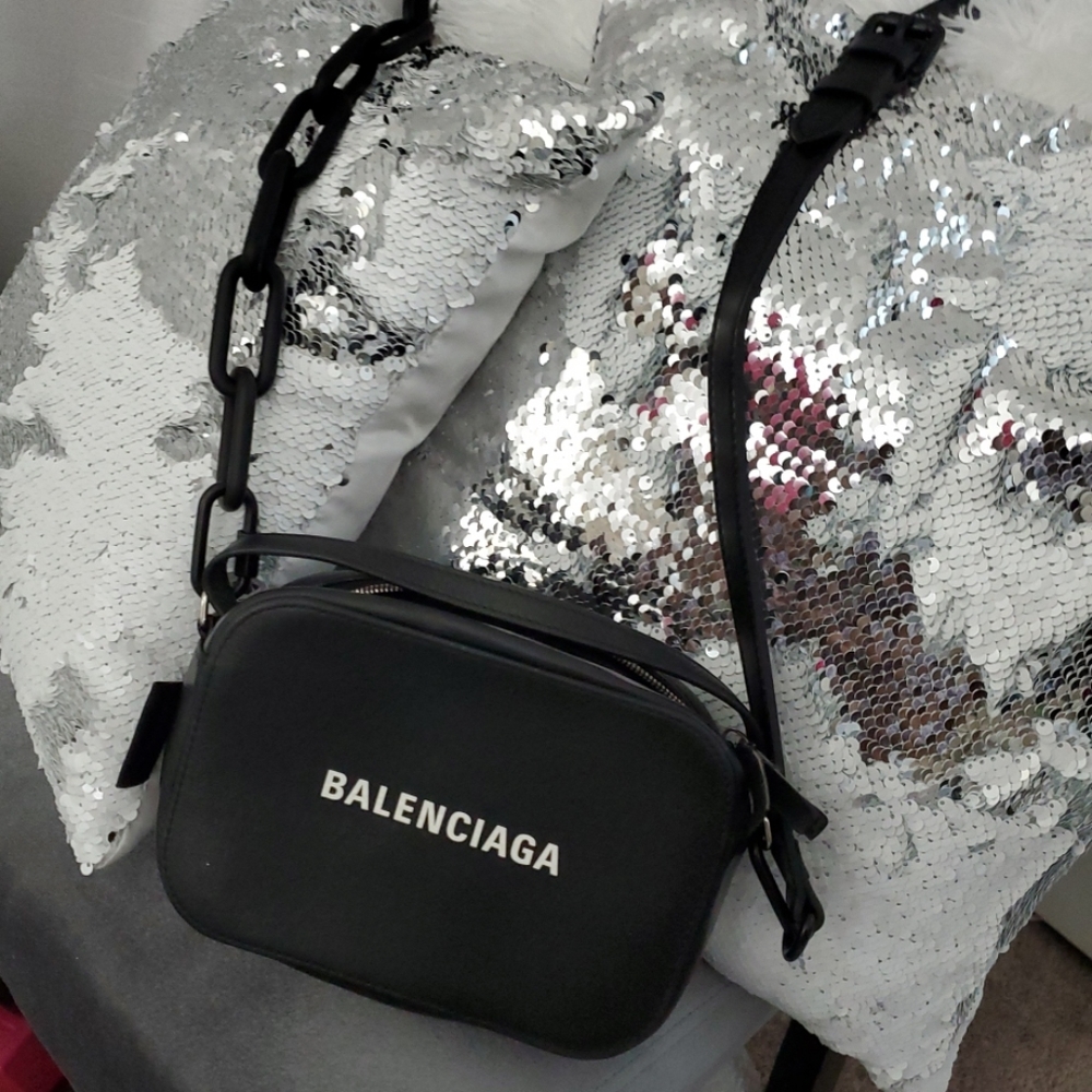 Authentic Balenciaga Black Calfskin SM Camera Bag w/Black Metal Chain Strap